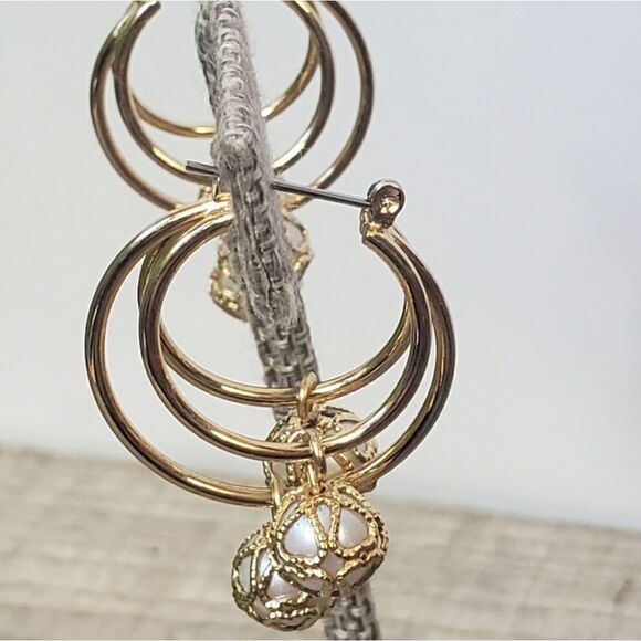 GOLDTONE Leverback Hoop & Caged Beads Earrings - Picture 3 of 5